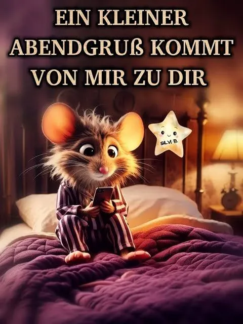 Ein niedliches Mäuschen in Schlafanzug sitzt auf einem Bett und hält ein Handy, im Hintergrund eine Nachttischlampe